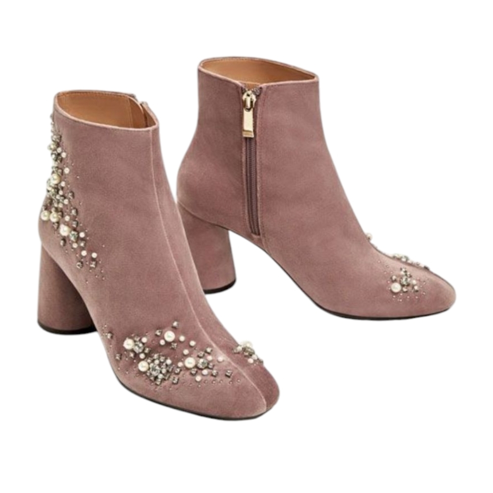 ZARA Pink Suede Jewel and Pearl Encrusted Boots Booties SZ 38 / US 7 - Picture 3 of 8
